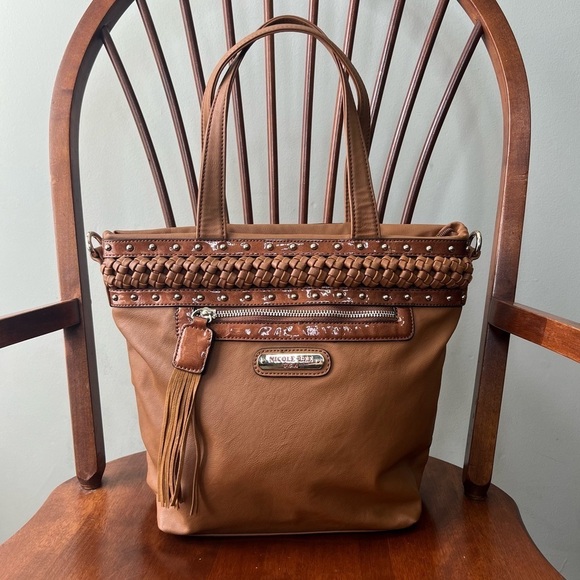 Nicole Lee Handbags - Nicole Lee USA brown studded braided bag faux leather 14 x 11 x 5.5 inches